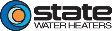 State Water Heaters badge with circular logo with various shades of blue and orange